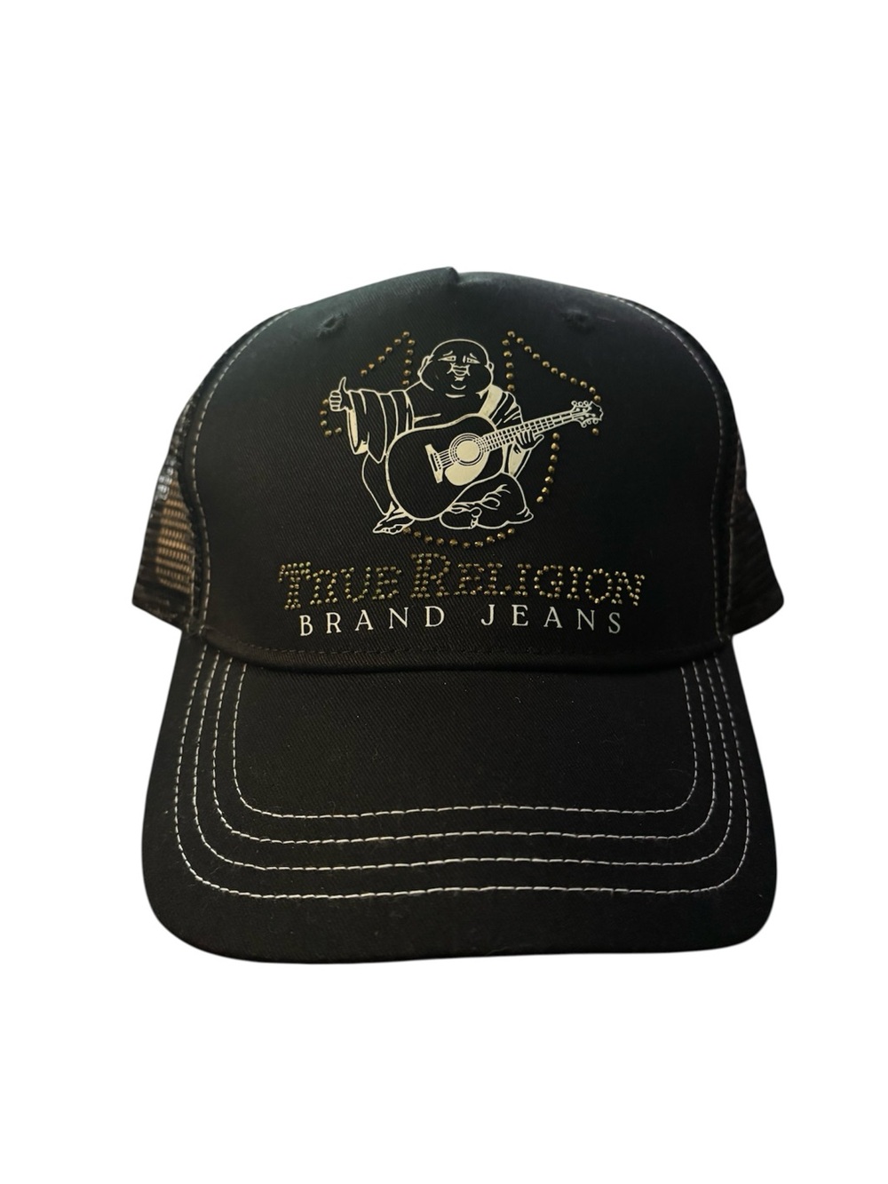 NWT True Religion Buddha Guitar Trucker Hat Black Rhinestone Mesh Cap Y2K